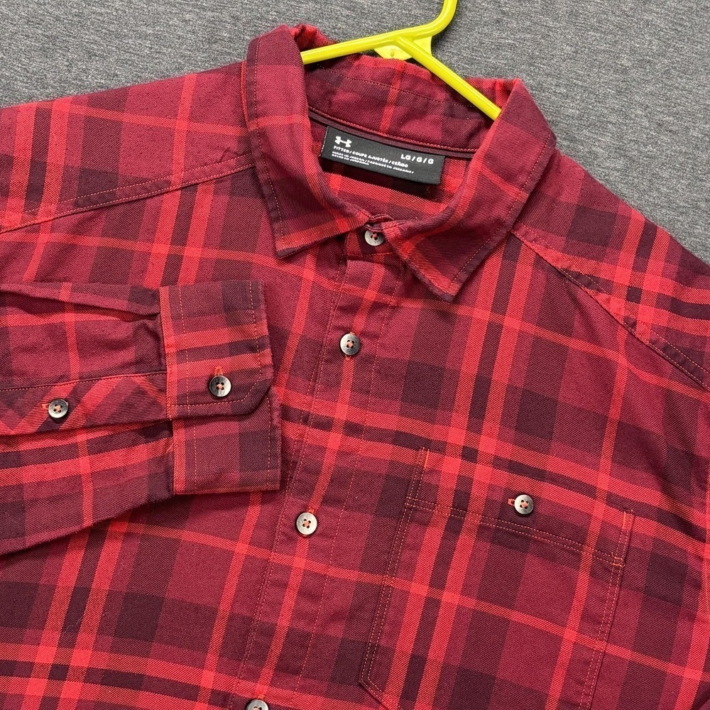 Under Armour Shirt Mens Large Red Plaid Flannel Long Sleeve‎ Button Up Fitted